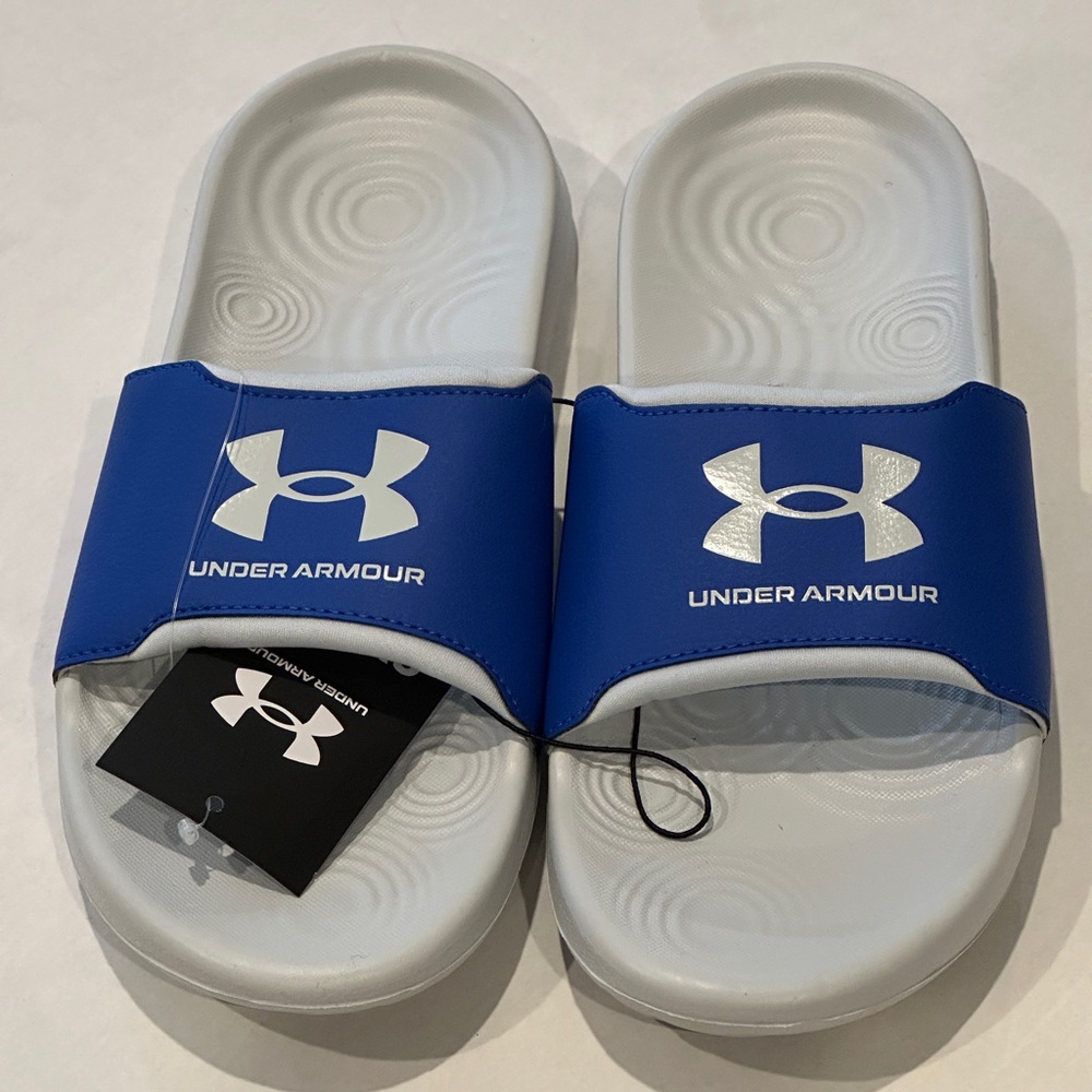 NEW Under Armour Boys Blue White Classic Flip Flop Slides Sizes 12K 6Y 7Y